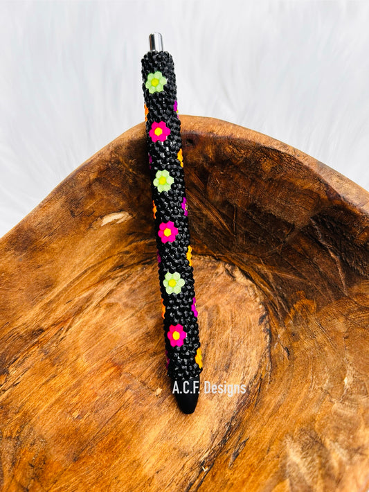 Neon Flowers with Black Background - Rhinestone